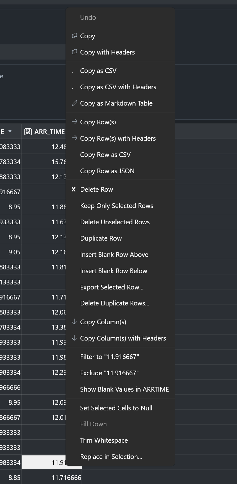 The data grid's right-click menu: copy plain, with headers, as CSV, as CSV with headers or as a Markdown table; row-scoped copies including Copy Row as JSON; row operations such as Delete Row, Keep Only Selected Rows, Duplicate Row, Insert Blank Row and Delete Duplicate Rows; and cell actions including Set Selected Cells to Null, Trim Whitespace and Replace in Selection.