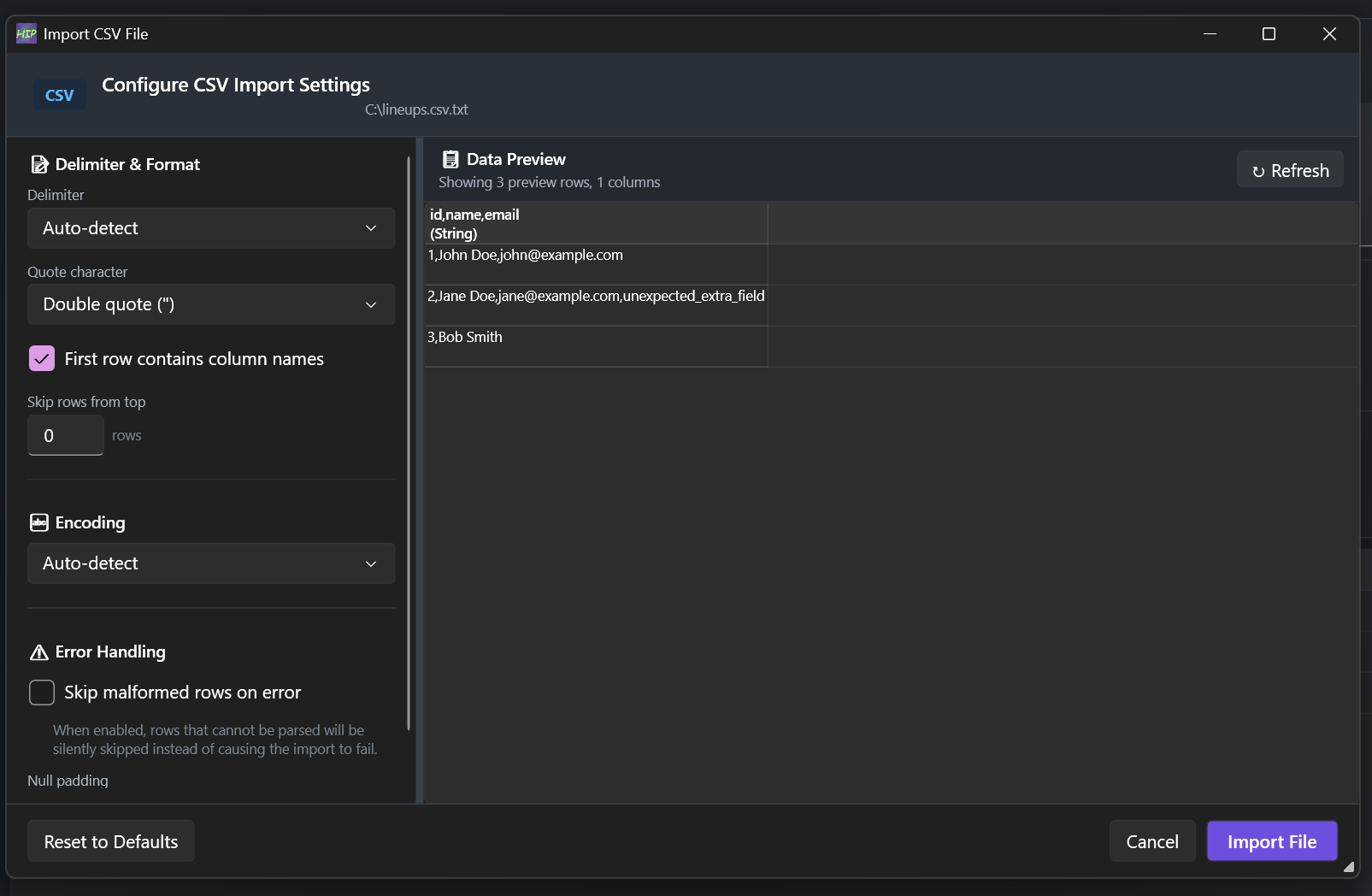 The Import CSV File dialog: delimiter and encoding both set to auto-detect, double quote as the quote character, first row treated as column names, a skip-malformed-rows option, and a live data preview showing three parsed rows alongside the settings.