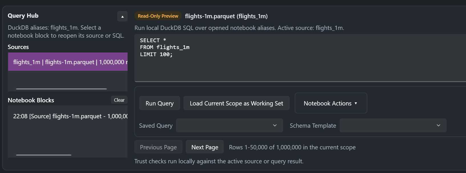 The Query Hub with flights_1m registered as a DuckDB alias, a SELECT star FROM flights_1m LIMIT 100 query in the editor, and a read-only preview paging rows 1 to 50,000 of 1,000,000.